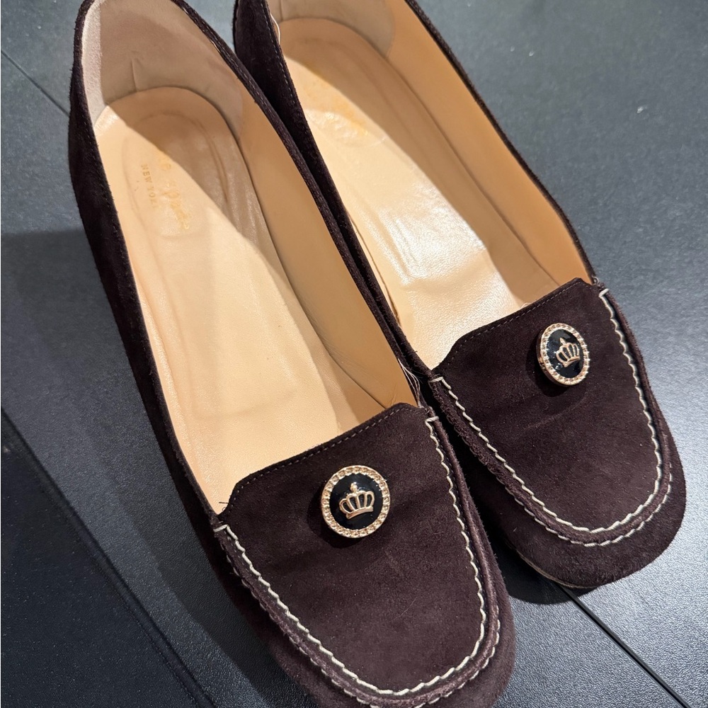 kate spade Dark Brown Suede Loafers with Gold Crest Button